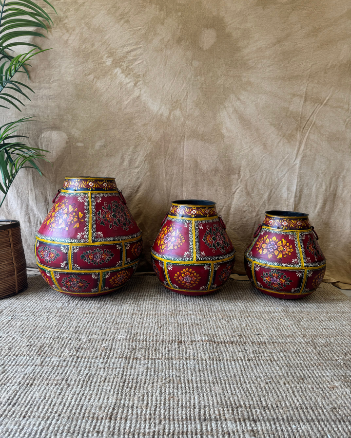 Hand-Painted Vintage Iron Pots – Red Floral Motif | Reclaimed Set of 3
