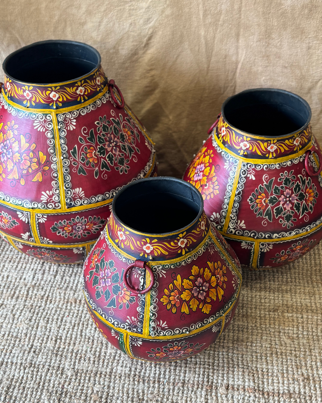 Hand-Painted Vintage Iron Pots – Red Floral Motif | Reclaimed Set of 3