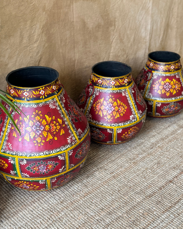 Hand-Painted Vintage Iron Pots – Red Floral Motif | Reclaimed Set of 3