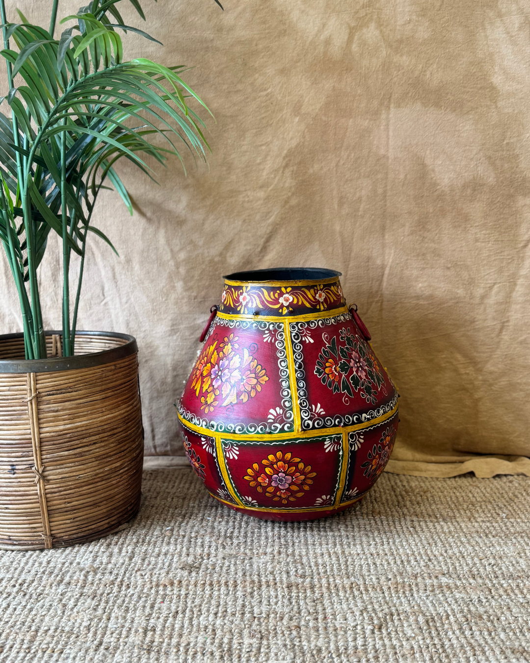 Hand-Painted Vintage Iron Pots – Red Floral Motif | Reclaimed Set of 3
