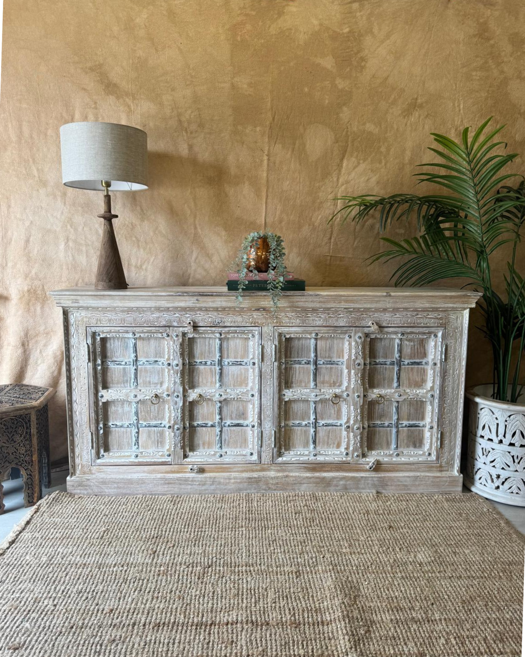 Hand-Carved Mango Wood Sideboard – Whitewashed with Metal Detailing