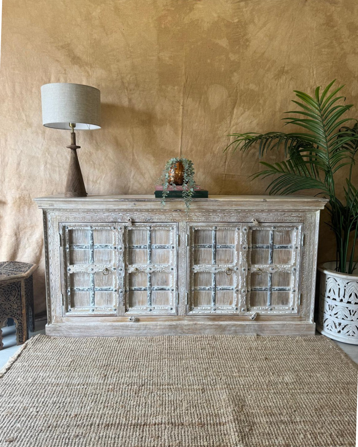 Hand-Carved Mango Wood Sideboard – Whitewashed with Metal Detailing