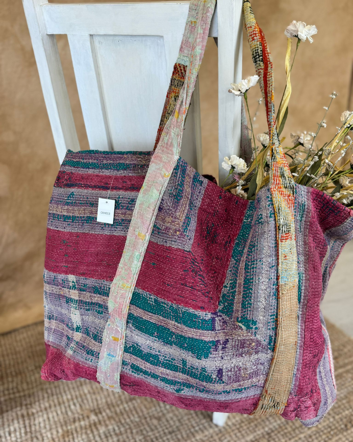 Handmade Upcycled Sari Tote Bag – Red & Multicolour Stripe | Multi-Purpose Everyday & Beach Bag