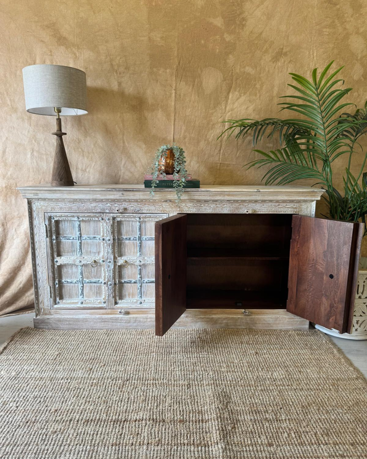 Hand-Carved Mango Wood Sideboard – Whitewashed with Metal Detailing