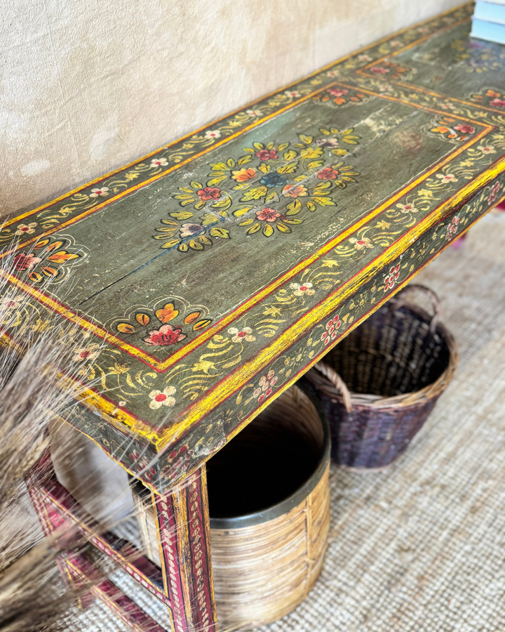Vintage Hand-Painted Trestle Console Table – Green Floral Pattern
