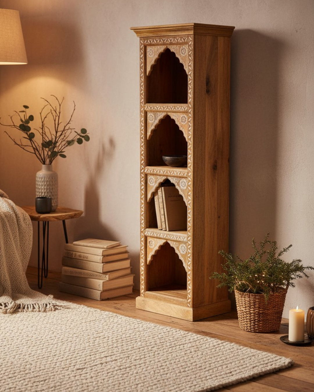 Hand-Carved Mango Wood Bookcase – Arched Shelves in Natural Polished Finish