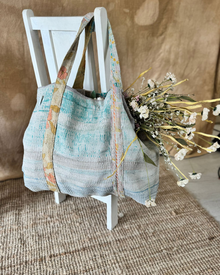 Handmade Upcycled Sari Tote Bag – Pale Aqua & Neutral | Multi-Purpose Everyday & Beach Bag