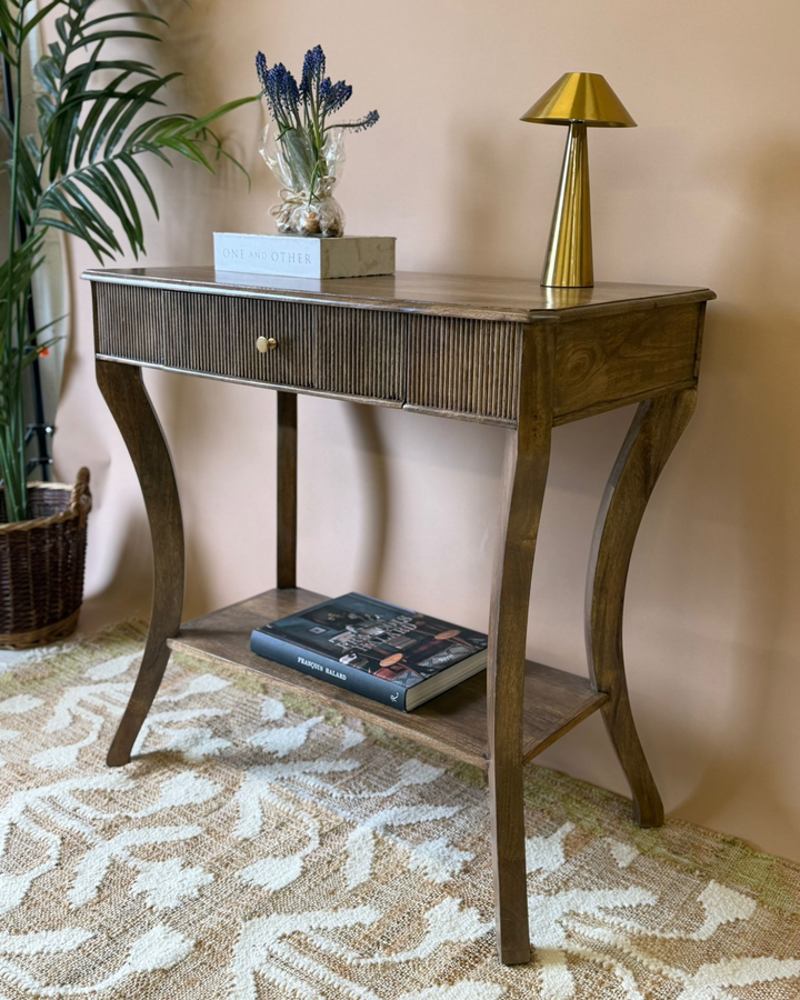 Chestnut Washed Mango Wood Console Table with Drawer and Shelf