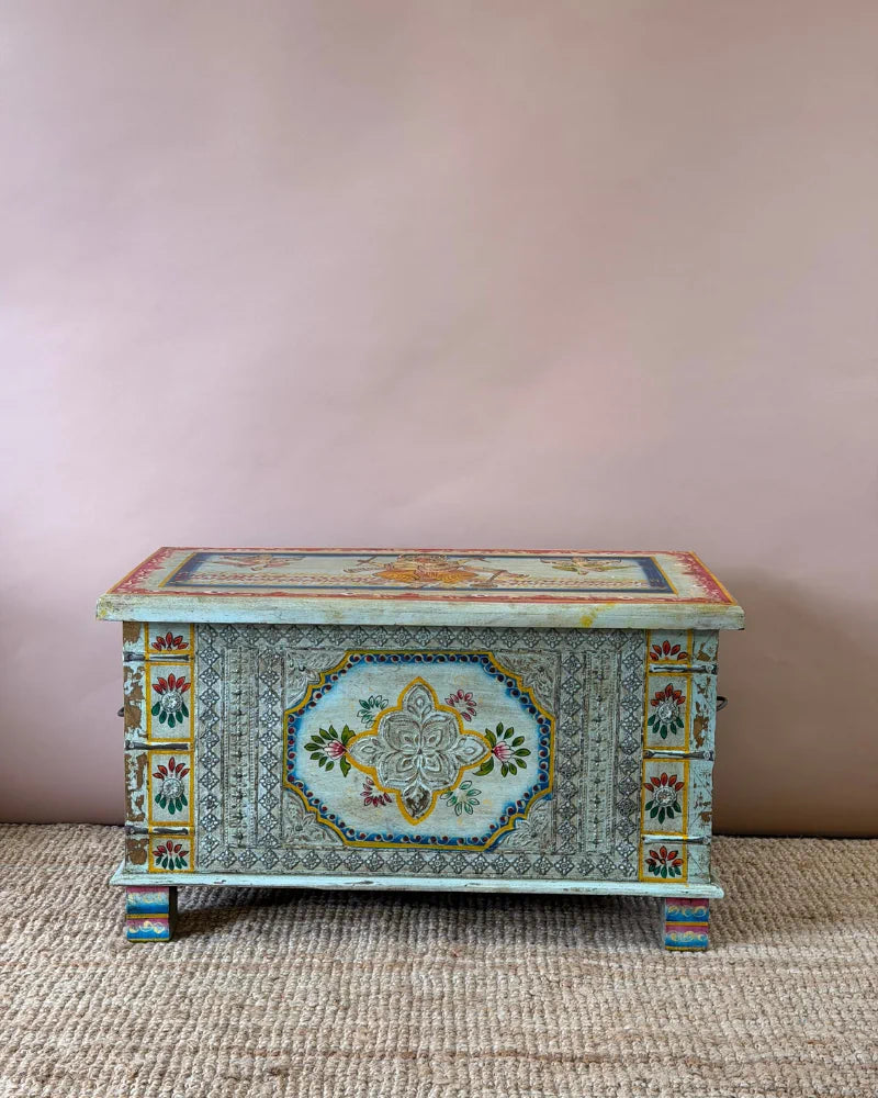Hand-Painted Mango Wood Storage Chest – Distressed Blue