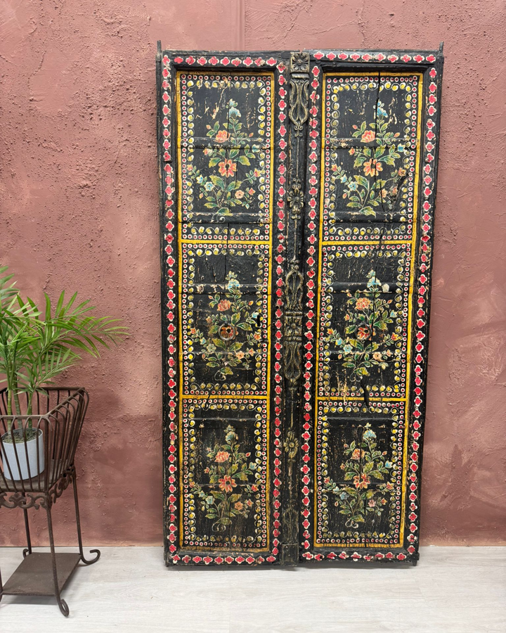 Hand-Painted Vintage Indian Door – Reclaimed Black Floral Wall Panel
