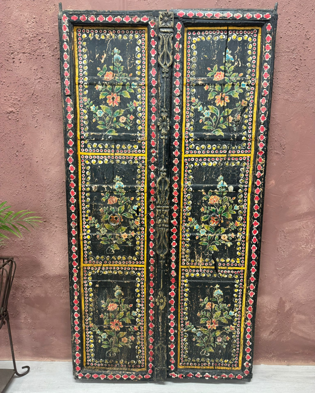 Hand-Painted Vintage Indian Door – Reclaimed Black Floral Wall Panel