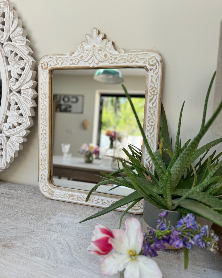Hand-Carved Mango Wood Mirror – Whitewashed Floral Frame