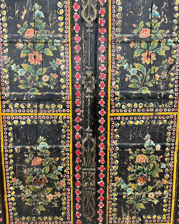 Hand-Painted Vintage Indian Door – Reclaimed Black Floral Wall Panel
