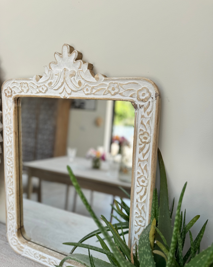 Hand-Carved Mango Wood Mirror – Whitewashed Floral Frame