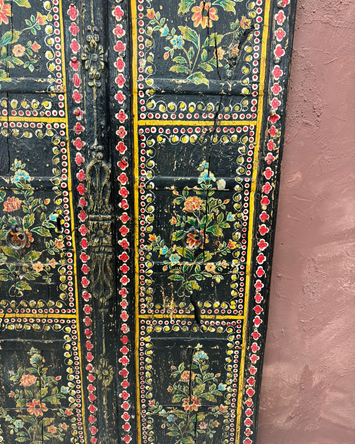 Hand-Painted Vintage Indian Door – Reclaimed Black Floral Wall Panel