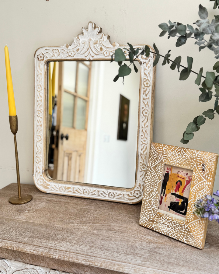 Hand-Carved Mango Wood Mirror – Whitewashed Floral Frame
