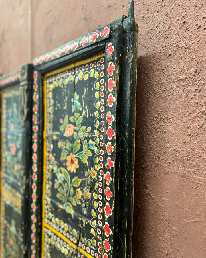 Hand-Painted Vintage Indian Door – Reclaimed Black Floral Wall Panel
