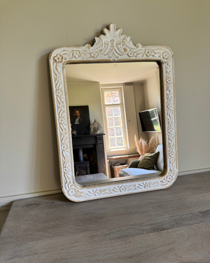 Hand-Carved Mango Wood Mirror – Whitewashed Floral Frame