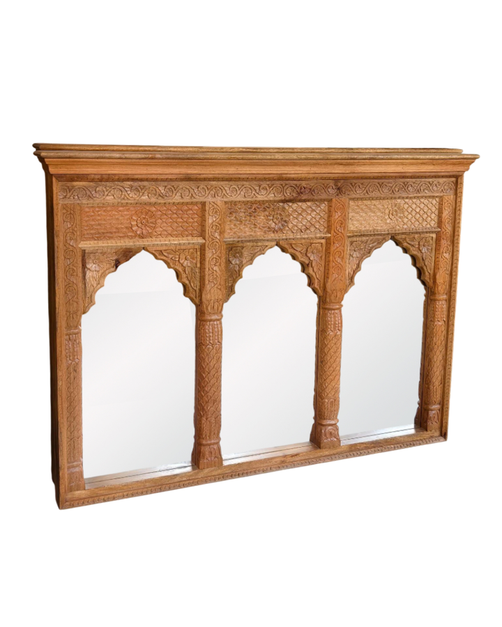 Hand-Carved Mango Wood Mirror – Triple Arch Design with Intricate Floral Carvings