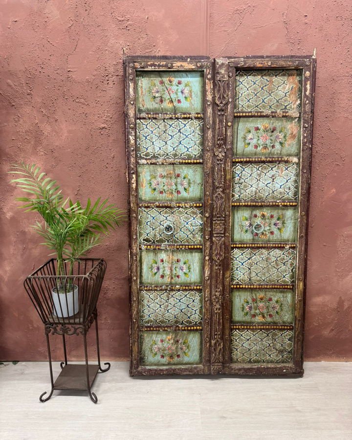 Hand-Painted Vintage Indian Door – Reclaimed Floral Panel in Turquoise & Green