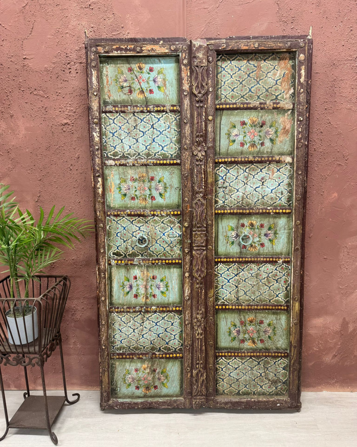 Hand-Painted Vintage Indian Door – Reclaimed Floral Panel in Turquoise & Green
