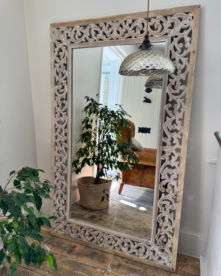 Hand-Carved Mango Wood Full-Length Mirror – Whitewashed Floral Frame
