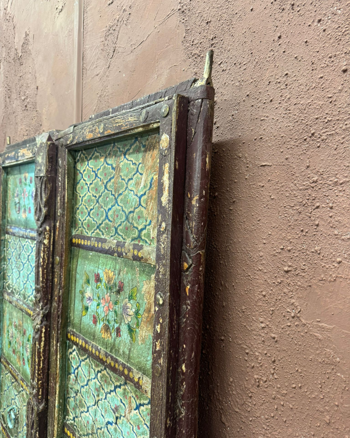 Hand-Painted Vintage Indian Door – Reclaimed Floral Panel in Turquoise & Green