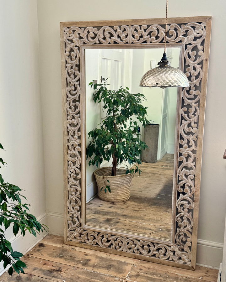 Hand-Carved Mango Wood Full-Length Mirror – Whitewashed Floral Frame