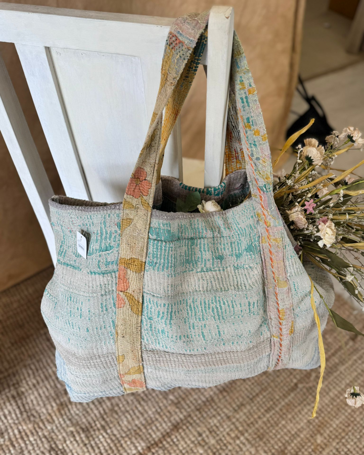 Handmade Upcycled Sari Tote Bag – Pale Aqua & Neutral | Multi-Purpose Everyday & Beach Bag