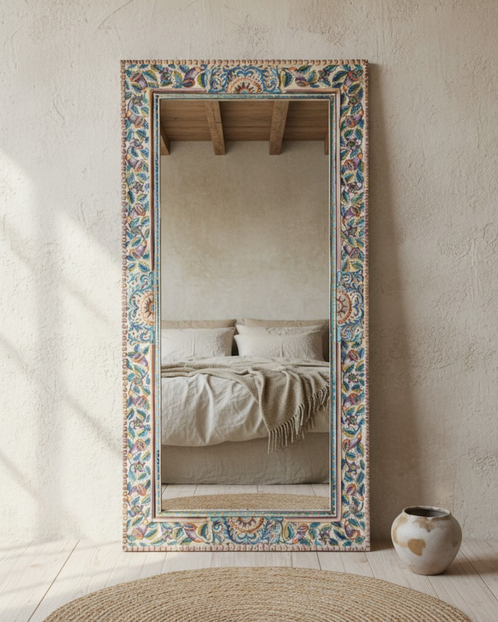 Hand-Painted Mango Wood Full-Length Mirror – Floral Patterned Frame