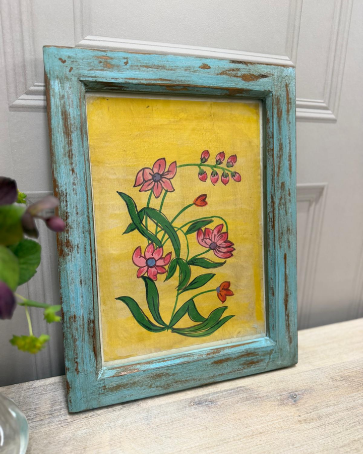 Vintage Mango Wood Framed Floral Artwork – Hand-Painted Botanical Design