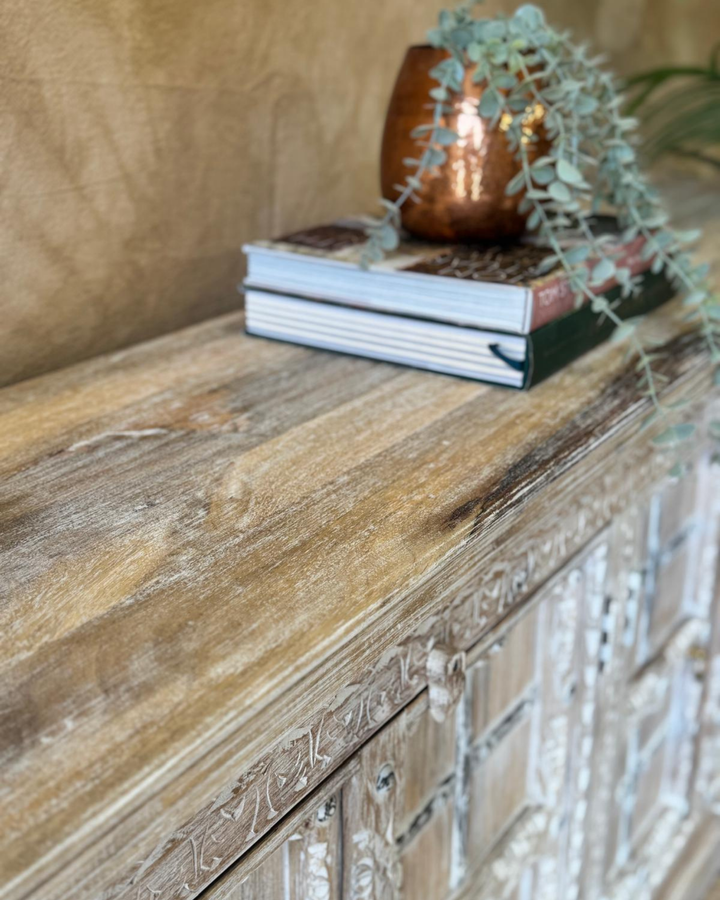 Hand-Carved Mango Wood Sideboard – Whitewashed with Metal Detailing