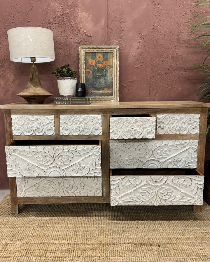 Hand-Carved Mango Wood Chest of Drawers – 8 Drawer Design with Whitewashed Drawers