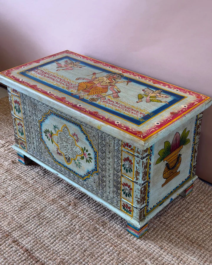 Hand-Painted Mango Wood Storage Chest – Distressed Blue