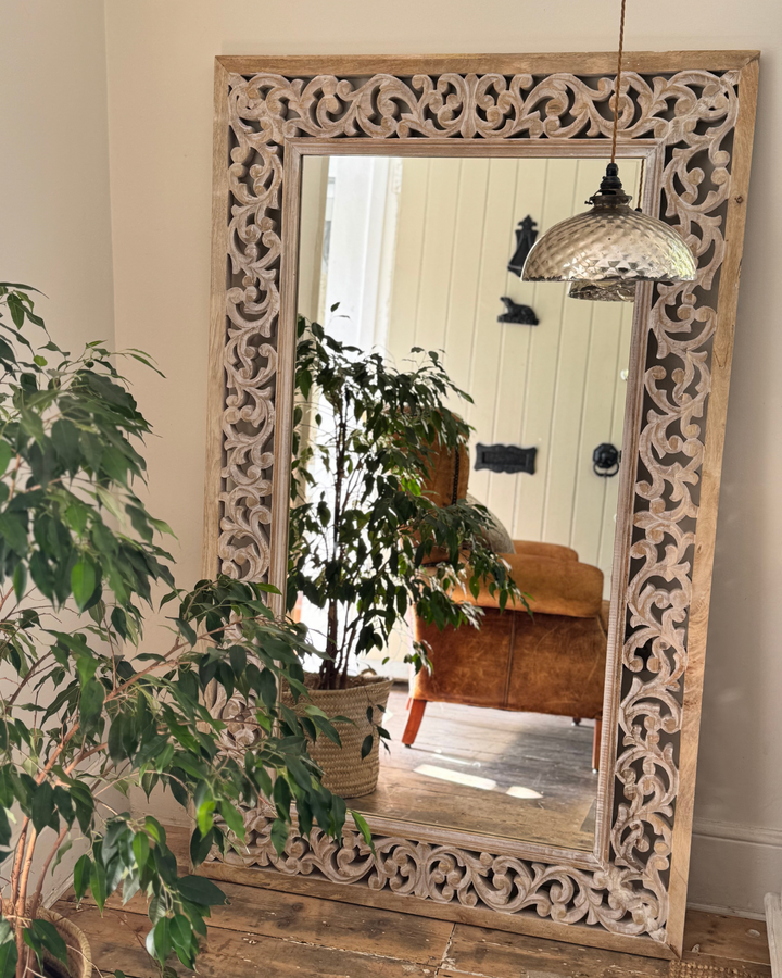 Hand-Carved Mango Wood Full-Length Mirror – Whitewashed Floral Frame