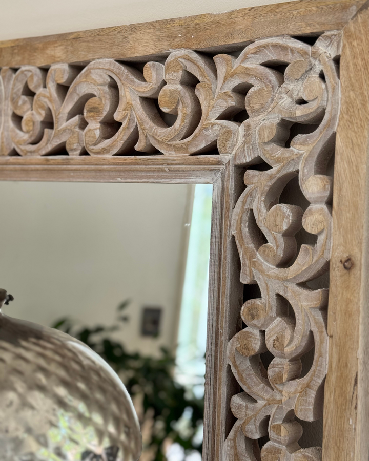 Hand-Carved Mango Wood Full-Length Mirror – Whitewashed Floral Frame
