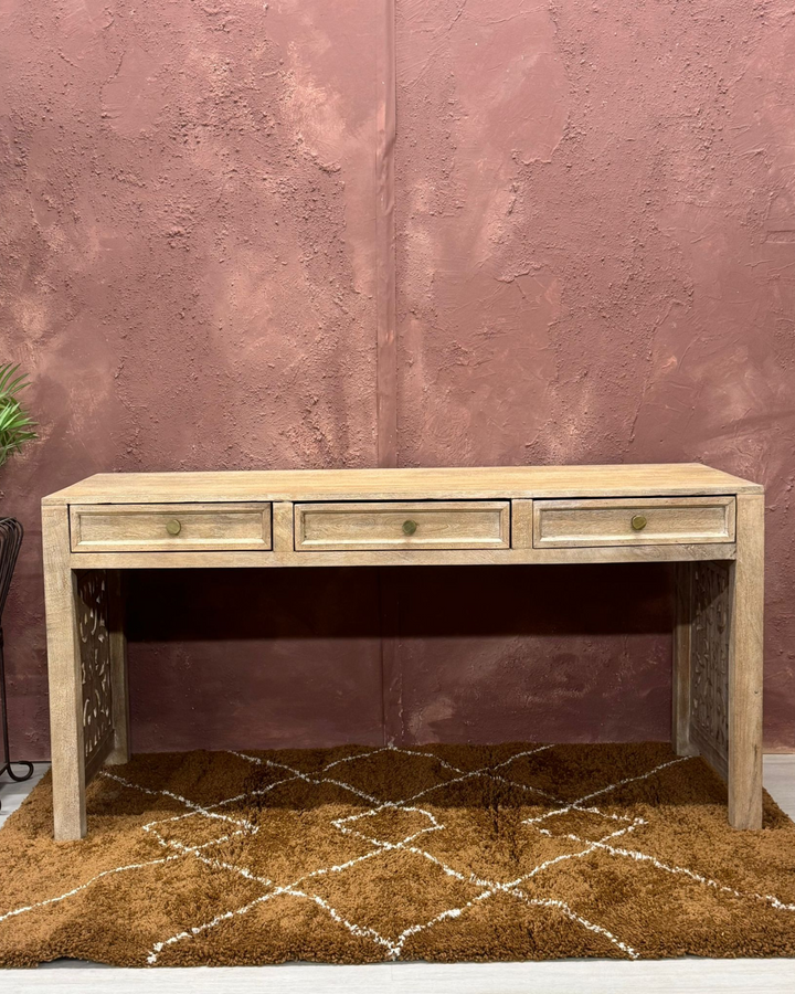 Hand-Carved Mango Wood Console Table – Beige Sandblasted Finish with 3 Drawers