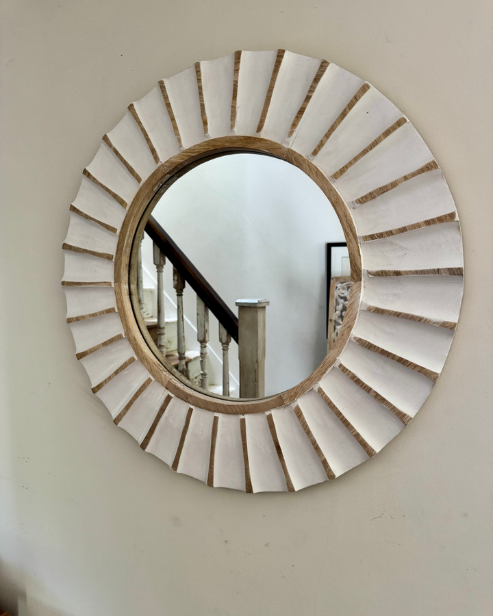 Round Mango Wood Wall Mirror – Whitewashed & Natural Finish