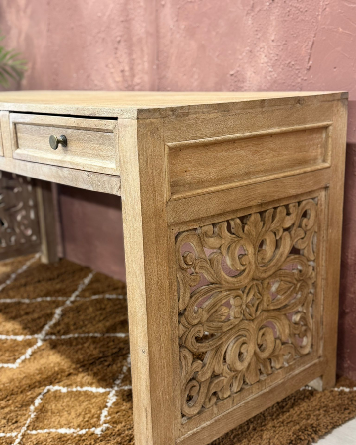 Hand-Carved Mango Wood Console Table – Beige Sandblasted Finish with 3 Drawers