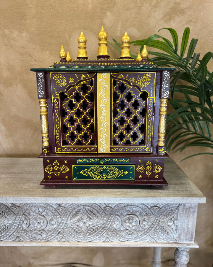 Hand-Painted Wooden Mandir with Doors – Red & Gold Temple Shrine