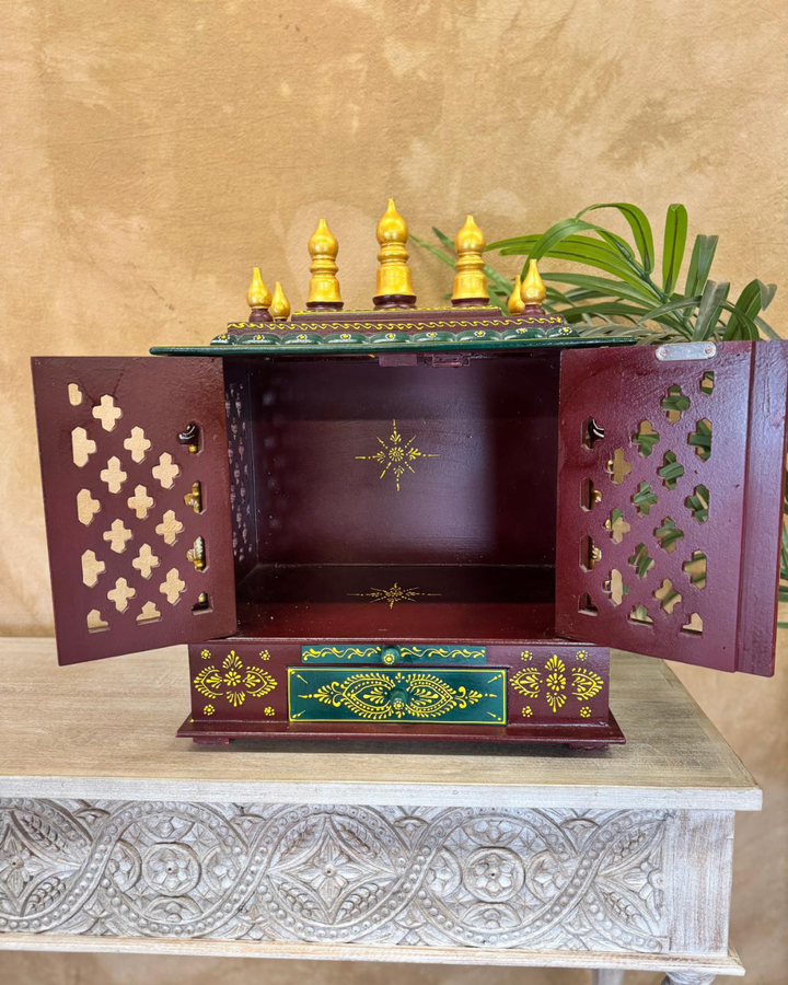 Hand-Painted Wooden Mandir with Doors – Red & Gold Temple Shrine