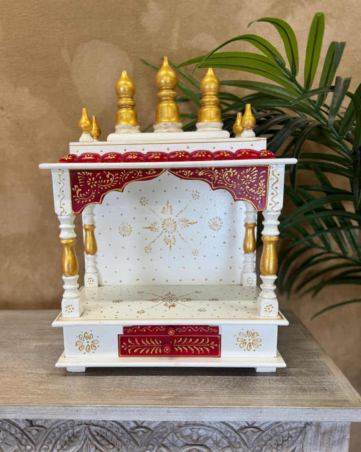 Hand-Painted Wooden Mandir – White & Red Open Temple Shrine