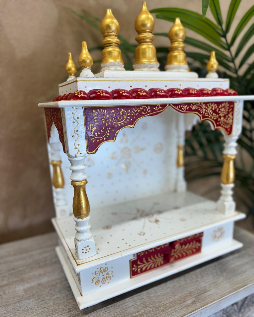 Hand-Painted Wooden Mandir – White & Red Open Temple Shrine