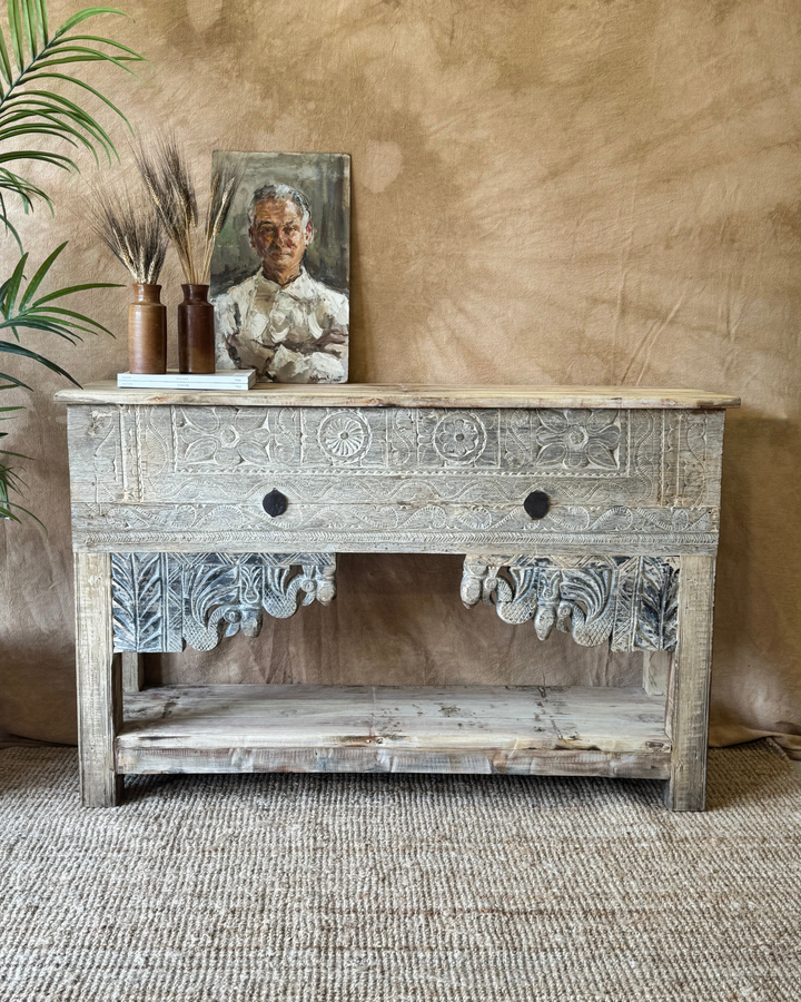 Vintage Hand-Carved Teak Console Table – Sunbleached Finish