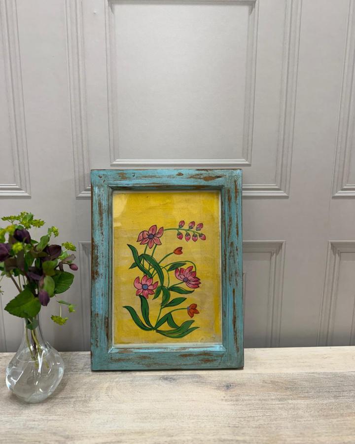 Vintage Mango Wood Framed Floral Artwork – Hand-Painted Botanical Design