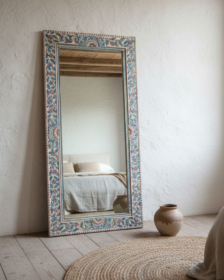 Hand-Painted Mango Wood Full-Length Mirror – Floral Patterned Frame