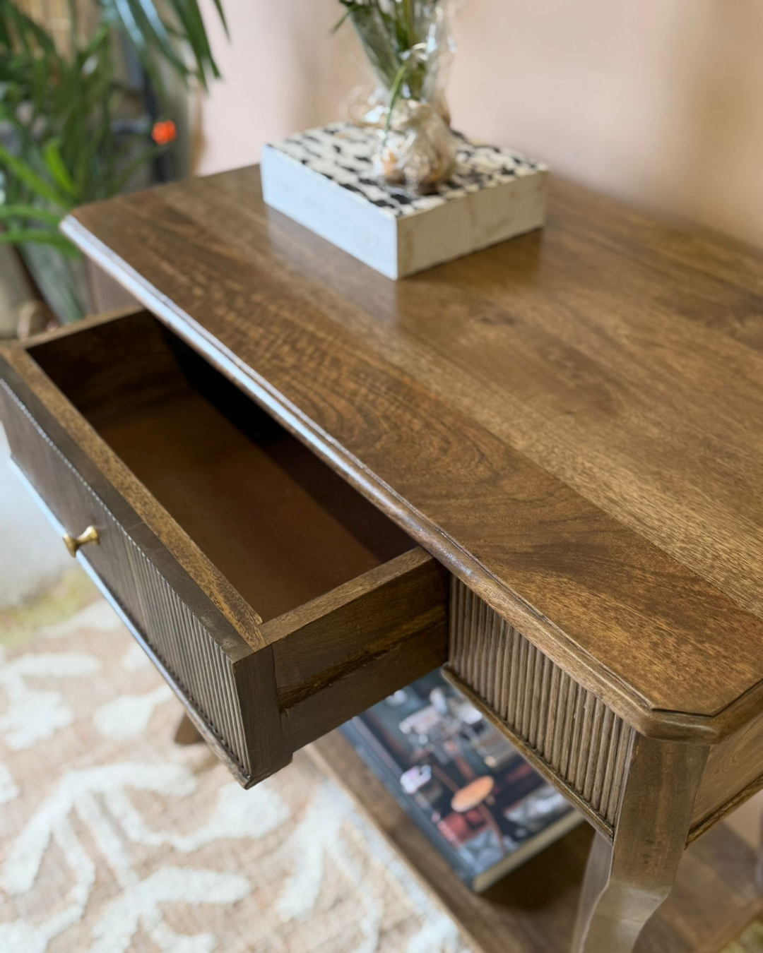 Chestnut Washed Mango Wood Console Table with Drawer and Shelf