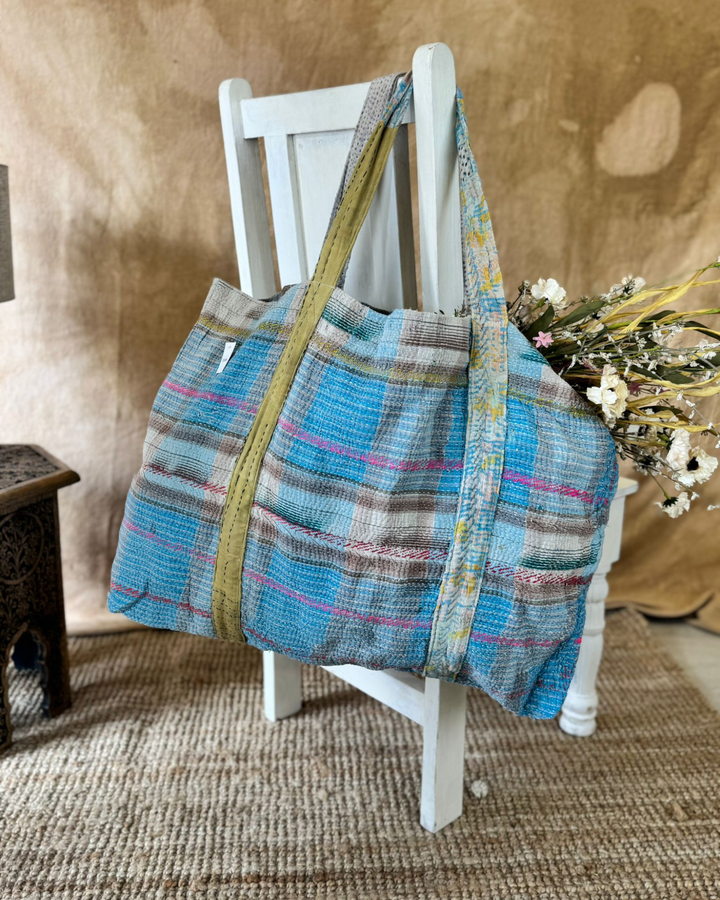 Handmade Upcycled Sari Tote Bag – Blue & Neutral Check | Multi-Purpose Everyday & Beach Bag