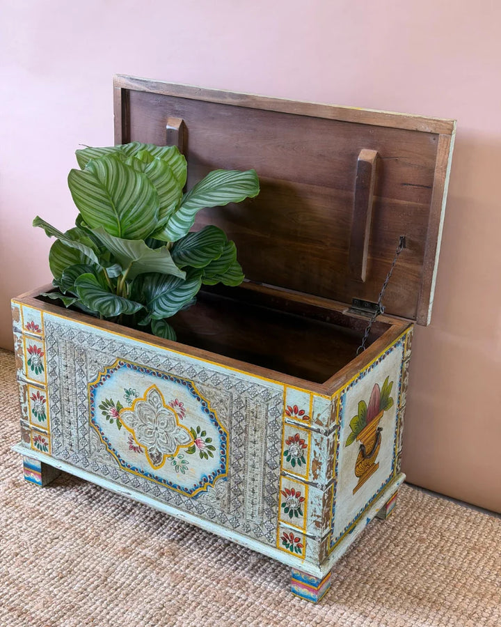 Hand-Painted Mango Wood Storage Chest – Distressed Blue