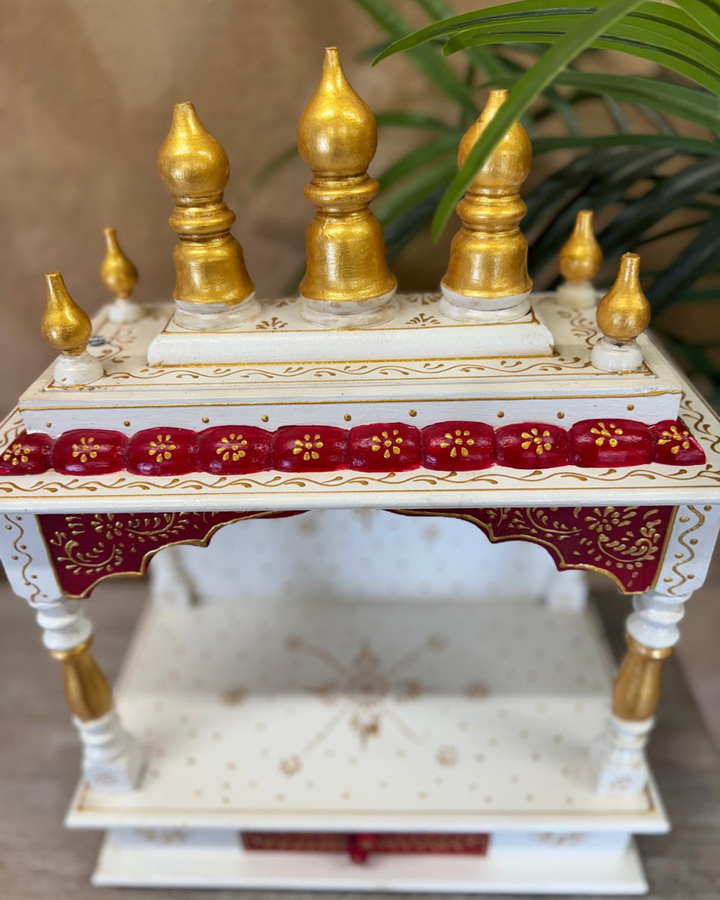 Hand-Painted Wooden Mandir – White & Red Open Temple Shrine
